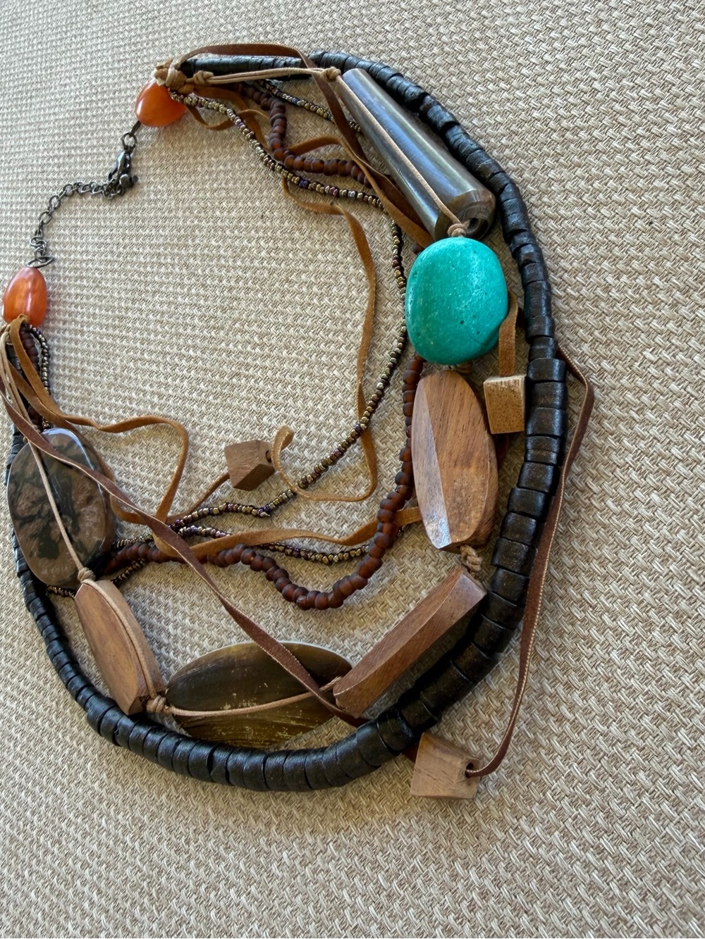 Bohemian Multi-Strand Turquoise & Brown Wood Necklace - Picture 3 of 5